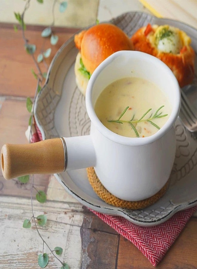 JWTIFOA Enamel Milk Pot 17oz Butter Warmer Small Sauce Pan with Spouts Butter Melting Pot, Wooden Handle, White - Image 4